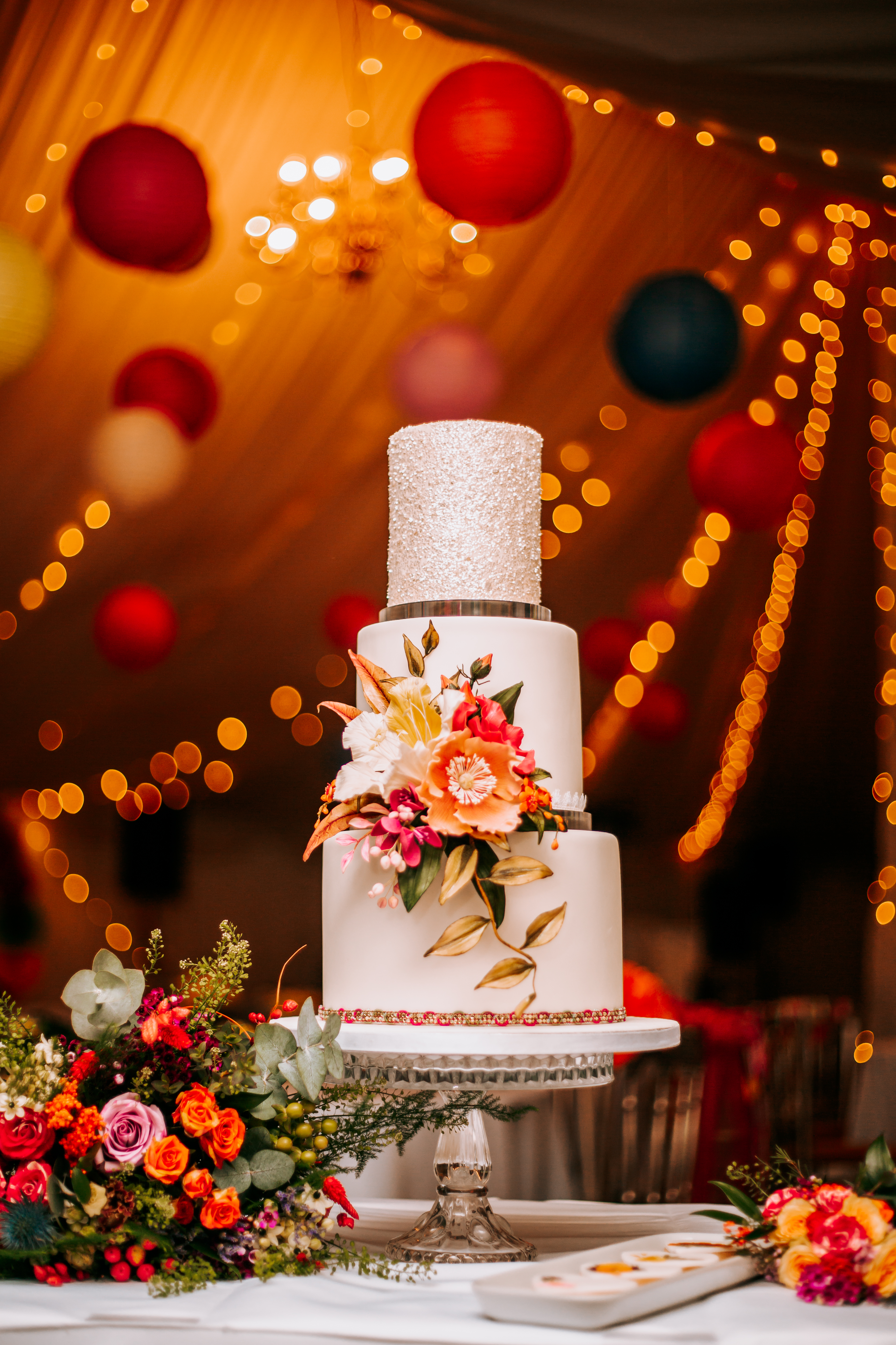bright glitter wedding cake sugar flowers 